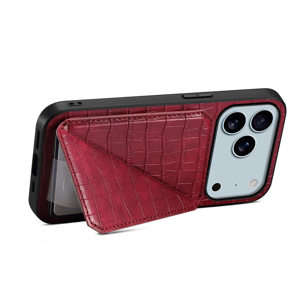 For iPhone 17 Pro Max Case with Card Holder Leather + PC + TPU Crocodile Textured Back Cover - Rose