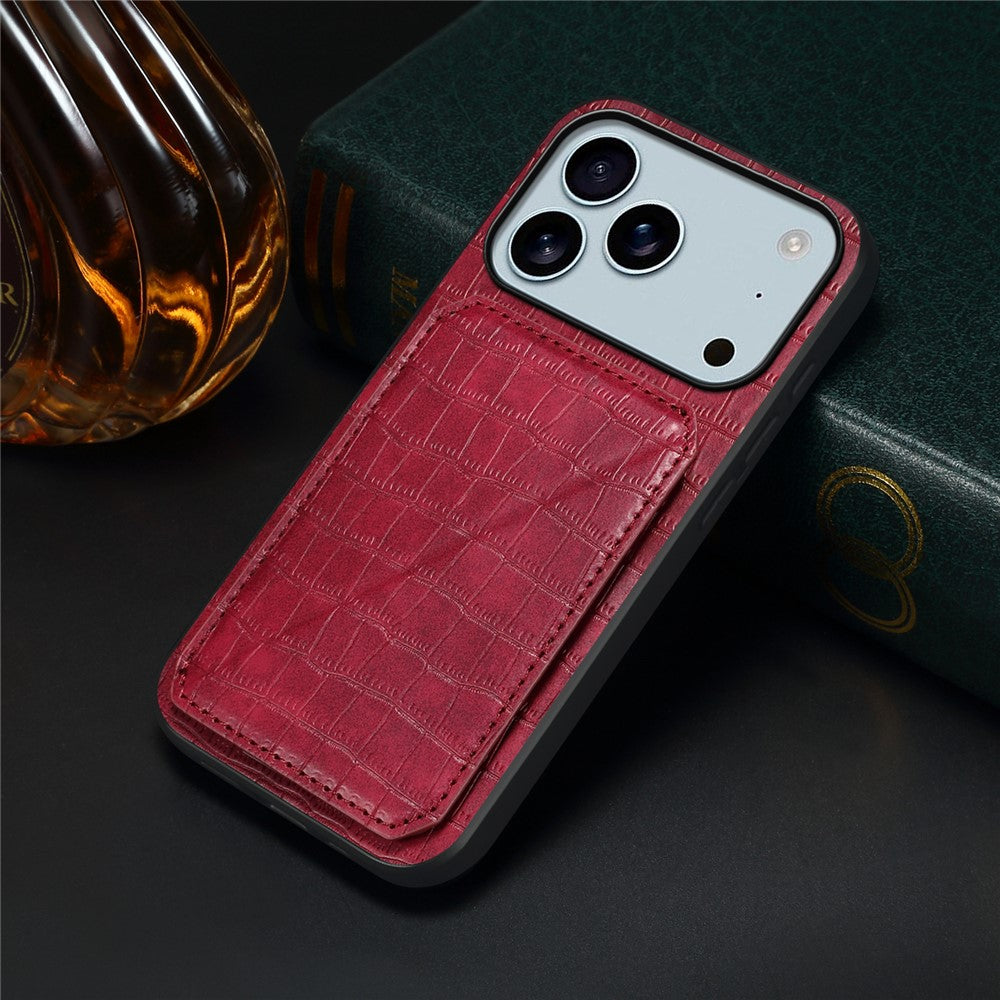 For iPhone 17 Pro Max Case with Card Holder Leather + PC + TPU Crocodile Textured Back Cover - Rose