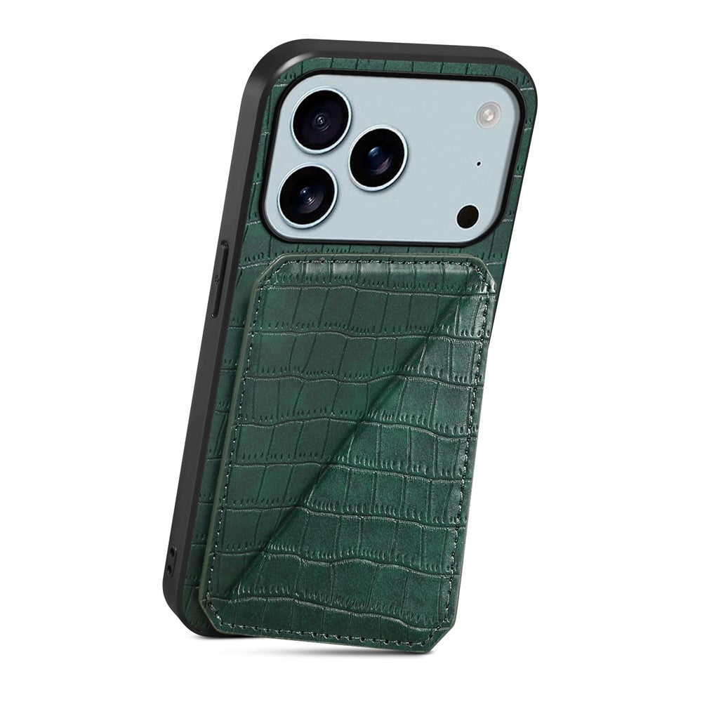 For iPhone 17 Pro Max Case with Card Holder Leather + PC + TPU Crocodile Textured Back Cover - Green
