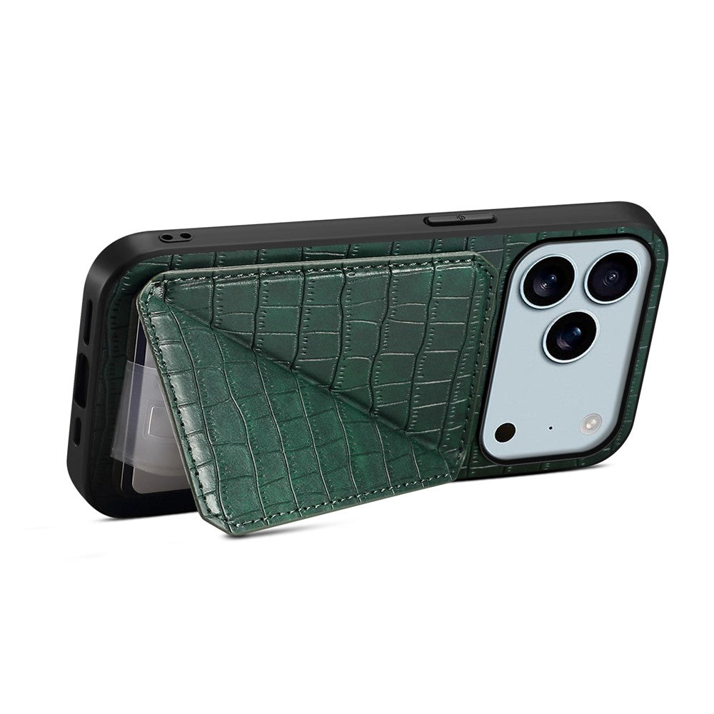 For iPhone 17 Pro Max Case with Card Holder Leather + PC + TPU Crocodile Textured Back Cover - Green