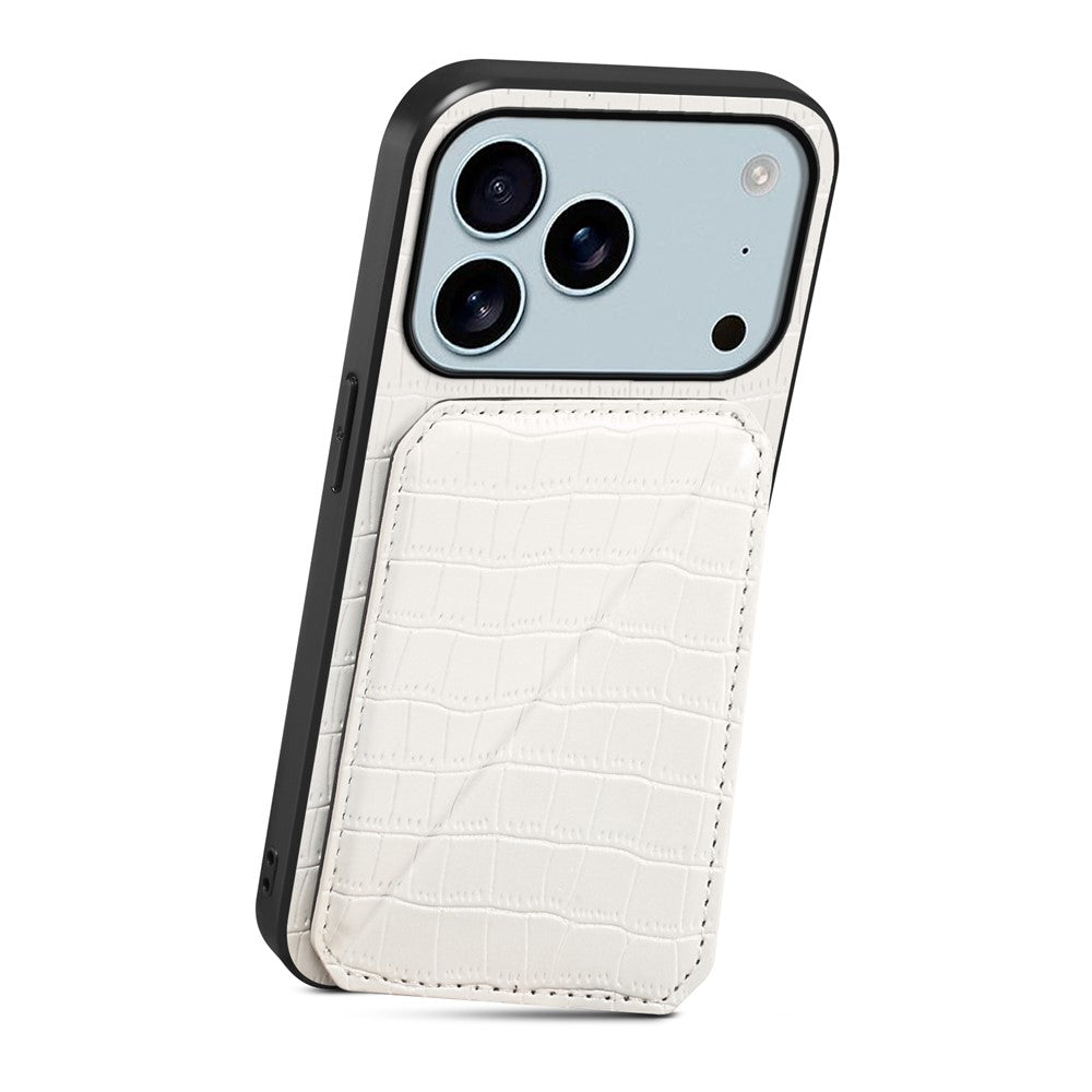 For iPhone 17 Pro Max Case with Card Holder Leather + PC + TPU Crocodile Textured Back Cover - White