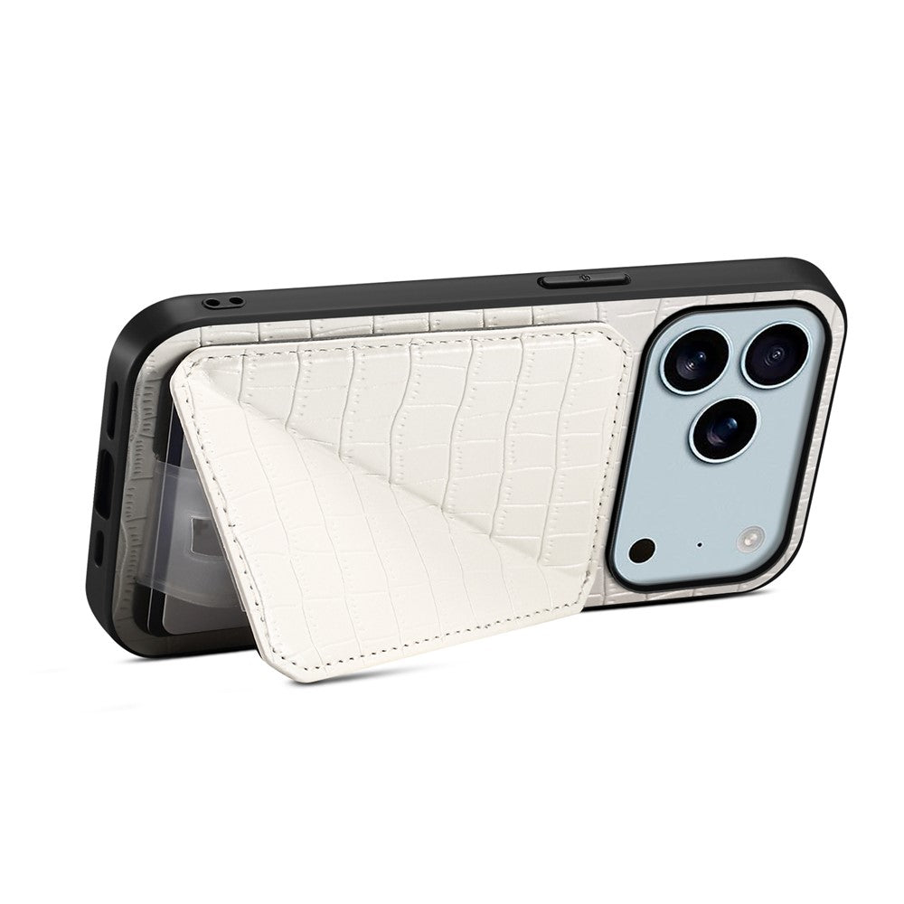 For iPhone 17 Pro Max Case with Card Holder Leather + PC + TPU Crocodile Textured Back Cover - White