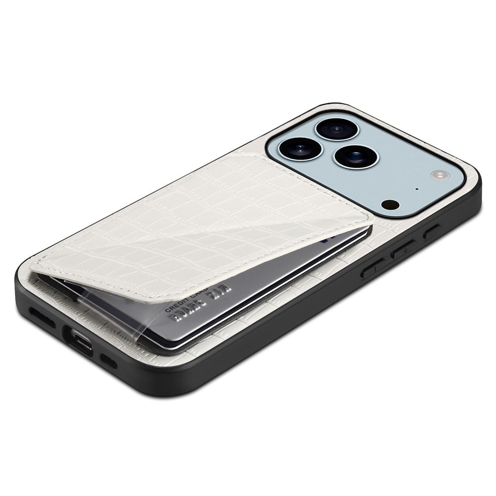 For iPhone 17 Pro Max Case with Card Holder Leather + PC + TPU Crocodile Textured Back Cover - White