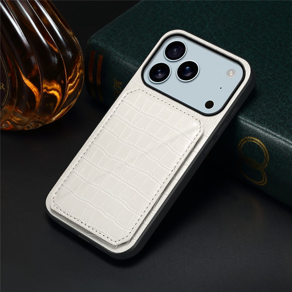 For iPhone 17 Pro Max Case with Card Holder Leather + PC + TPU Crocodile Textured Back Cover - White