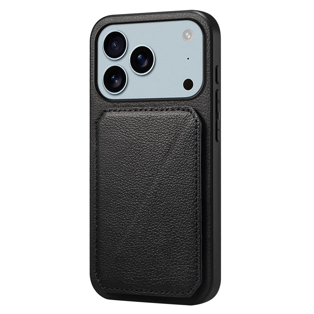 For iPhone 17 Pro Max Case Card Holder Kickstand Calf Textured Leather + PC + TPU Phone Cover - Black