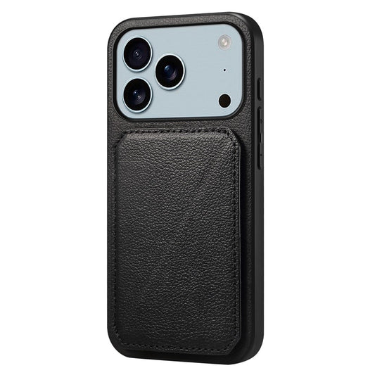 For iPhone 17 Pro Max Case Card Holder Kickstand Calf Textured Leather + PC + TPU Phone Cover - Black