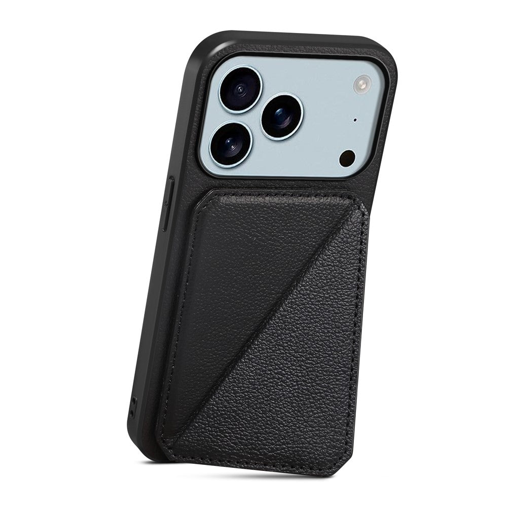 For iPhone 17 Pro Max Case Card Holder Kickstand Calf Textured Leather + PC + TPU Phone Cover - Black