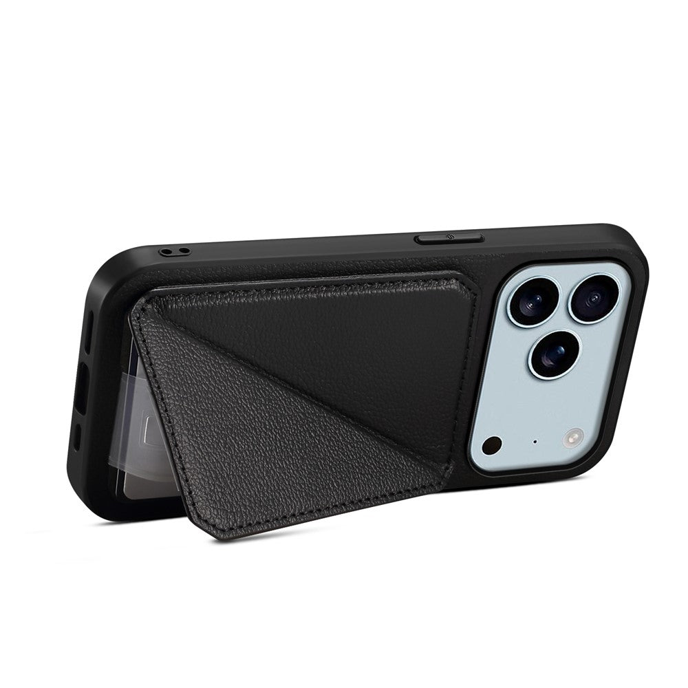 For iPhone 17 Pro Max Case Card Holder Kickstand Calf Textured Leather + PC + TPU Phone Cover - Black