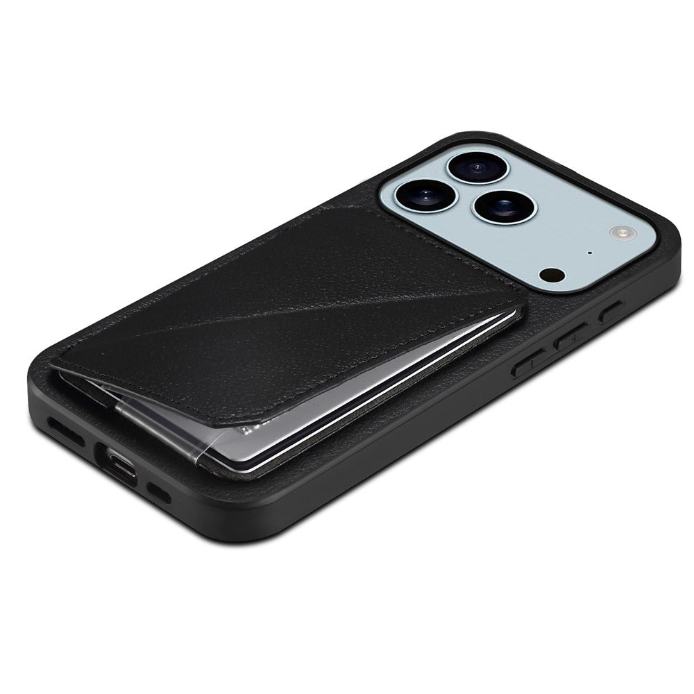 For iPhone 17 Pro Max Case Card Holder Kickstand Calf Textured Leather + PC + TPU Phone Cover - Black