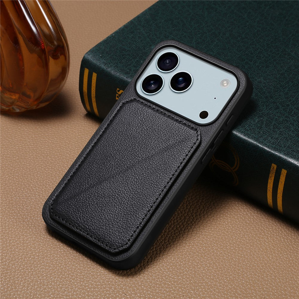 For iPhone 17 Pro Max Case Card Holder Kickstand Calf Textured Leather + PC + TPU Phone Cover - Black