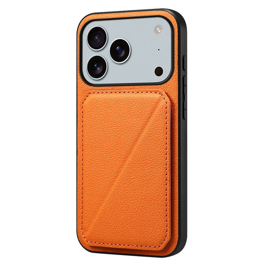 For iPhone 17 Pro Max Case Card Holder Kickstand Calf Textured Leather + PC + TPU Phone Cover - Orange