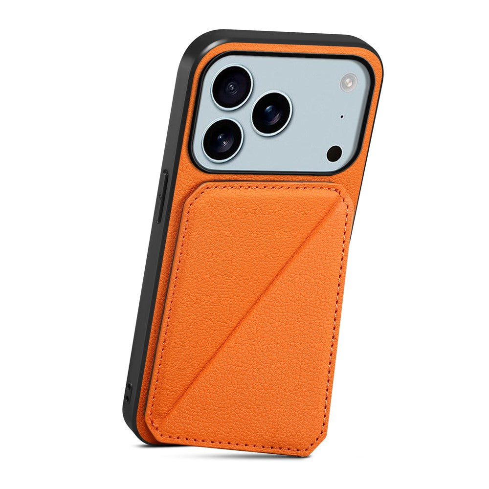 For iPhone 17 Pro Max Case Card Holder Kickstand Calf Textured Leather + PC + TPU Phone Cover - Orange
