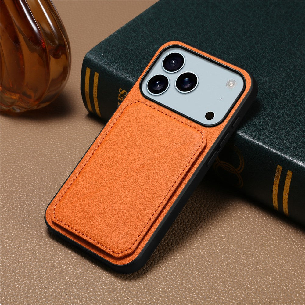 For iPhone 17 Pro Max Case Card Holder Kickstand Calf Textured Leather + PC + TPU Phone Cover - Orange