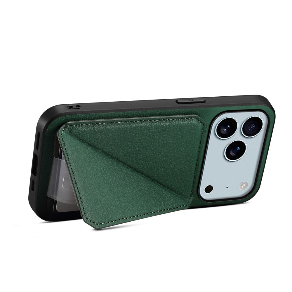 For iPhone 17 Pro Max Case Card Holder Kickstand Calf Textured Leather + PC + TPU Phone Cover - Green