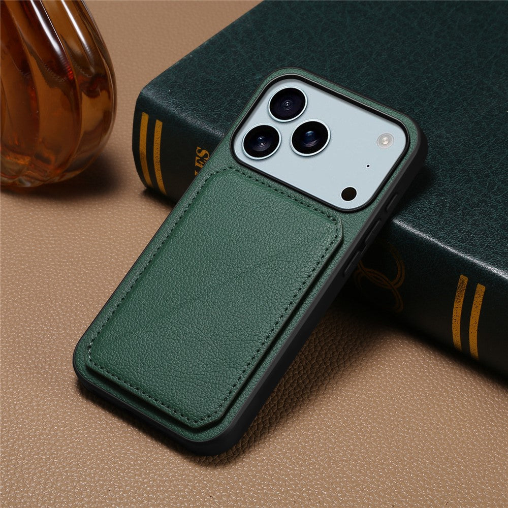 For iPhone 17 Pro Max Case Card Holder Kickstand Calf Textured Leather + PC + TPU Phone Cover - Green
