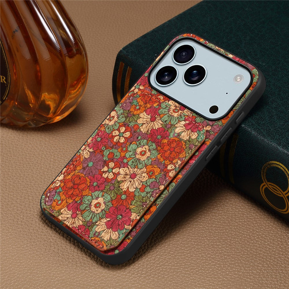For iPhone 17 Pro Max Case with Card Holder Kickstand Flowers Design Leather Phone Cover - Summer / Red