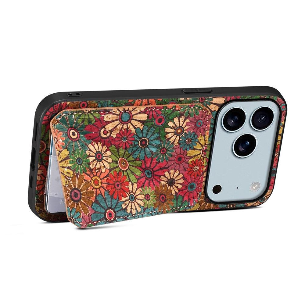 For iPhone 17 Pro Max Case with Card Holder Kickstand Flowers Design Leather Phone Cover - Spring / Green