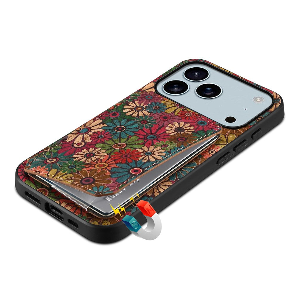 For iPhone 17 Pro Max Case with Card Holder Kickstand Flowers Design Leather Phone Cover - Spring / Green