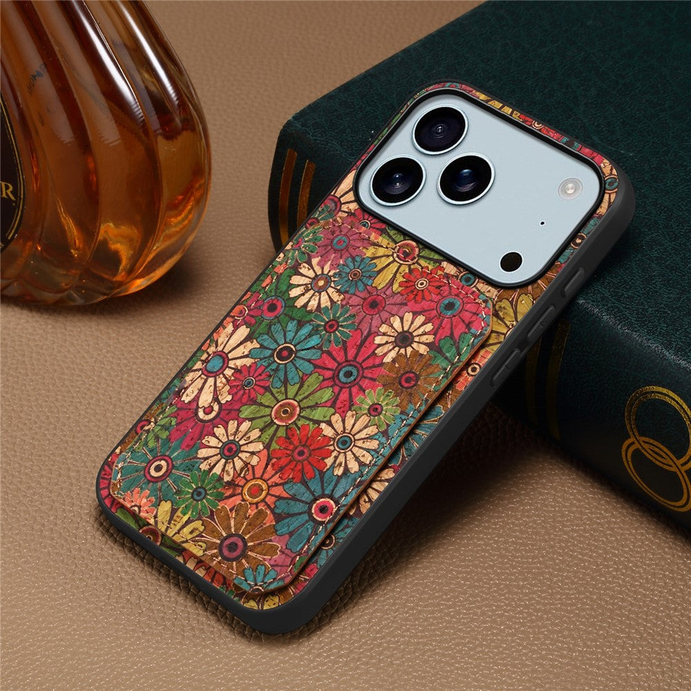 For iPhone 17 Pro Max Case with Card Holder Kickstand Flowers Design Leather Phone Cover - Spring / Green