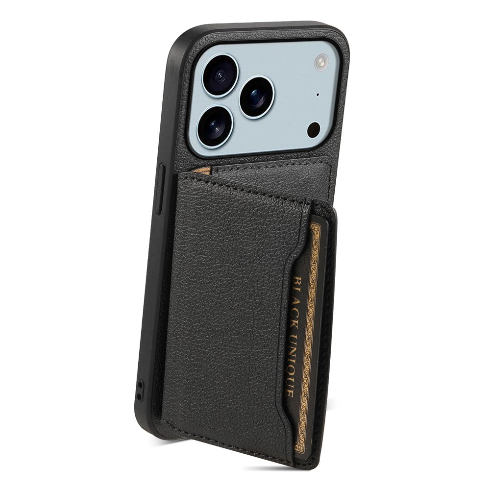 For iPhone 17 Pro Max Case with Card Slots Kickstand Calf Texture Leather Phone Back Cover - Black
