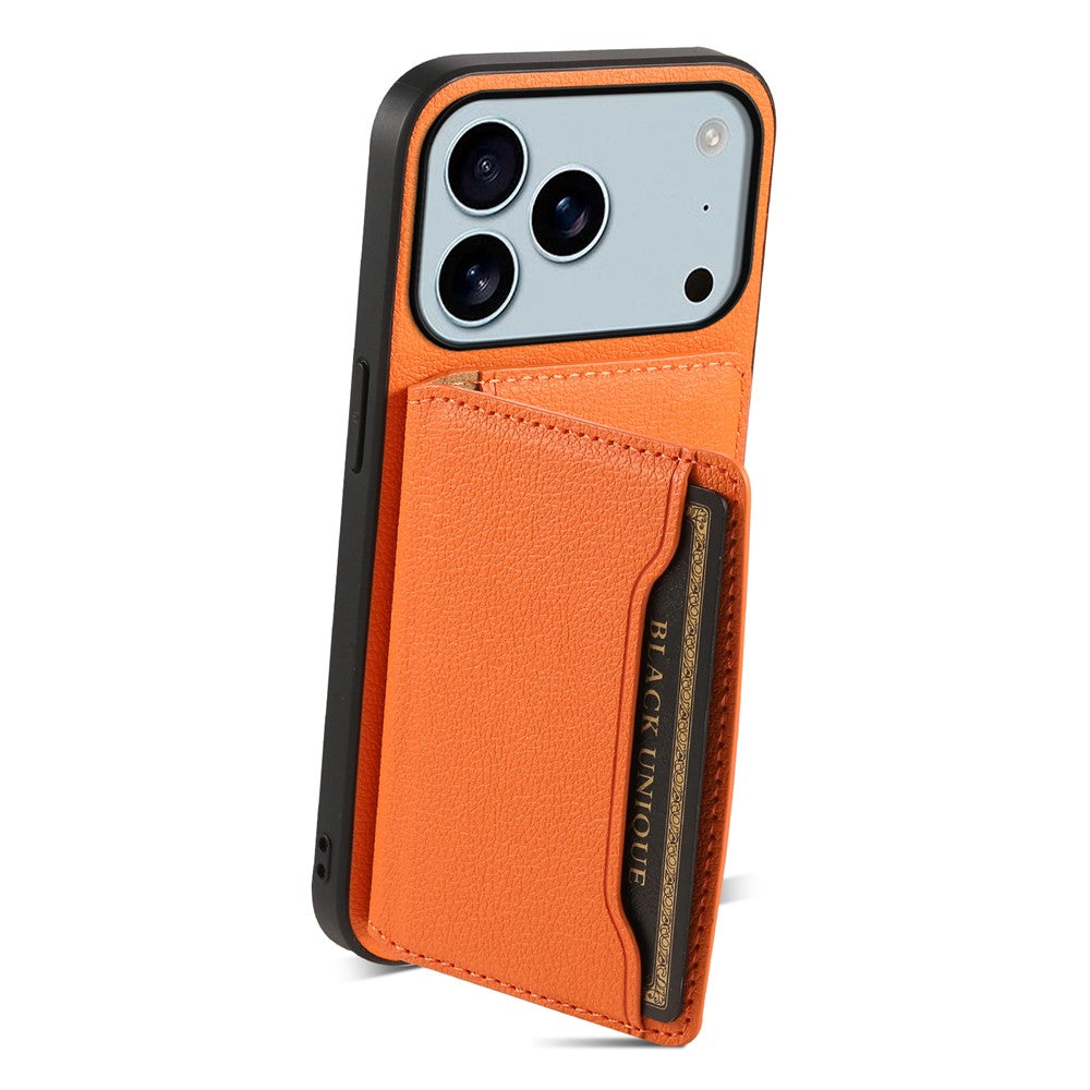 For iPhone 17 Pro Max Case with Card Slots Kickstand Calf Texture Leather Phone Back Cover - Orange