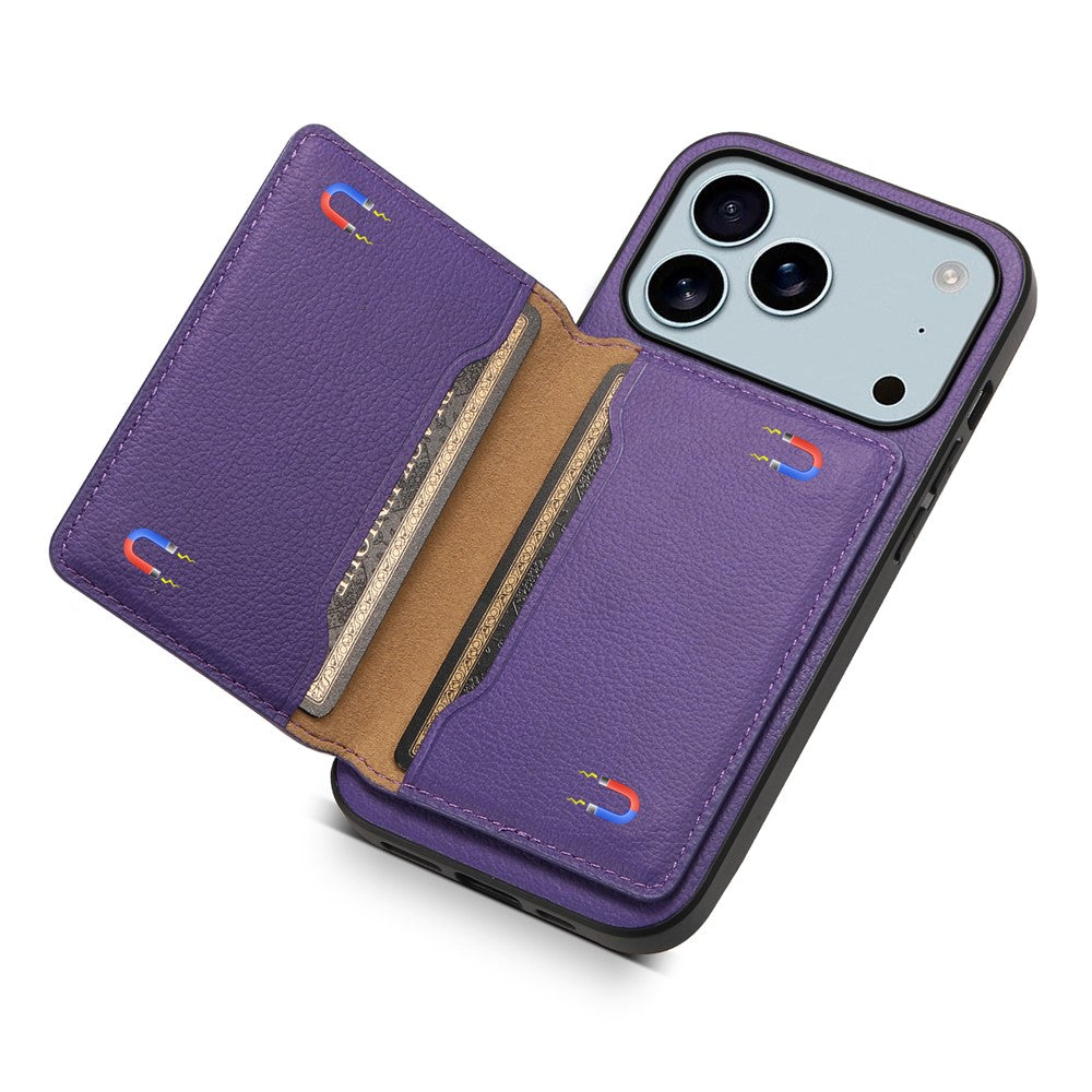 For iPhone 17 Pro Max Case with Card Slots Kickstand Calf Texture Leather Phone Back Cover - Purple