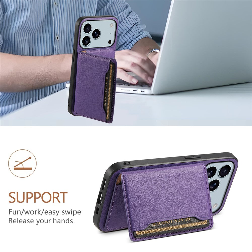 For iPhone 17 Pro Max Case with Card Slots Kickstand Calf Texture Leather Phone Back Cover - Purple