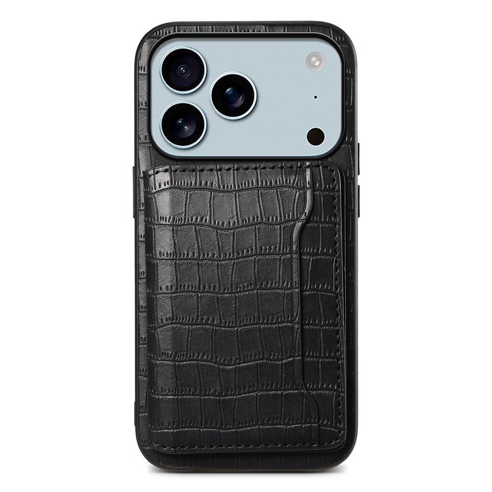 For iPhone 17 Pro Max Case Card Holder Kickstand Crocodile Texture Leather Back Phone Cover - Black