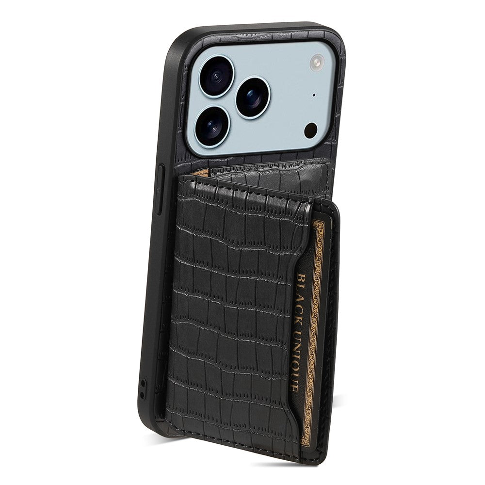For iPhone 17 Pro Max Case Card Holder Kickstand Crocodile Texture Leather Back Phone Cover - Black