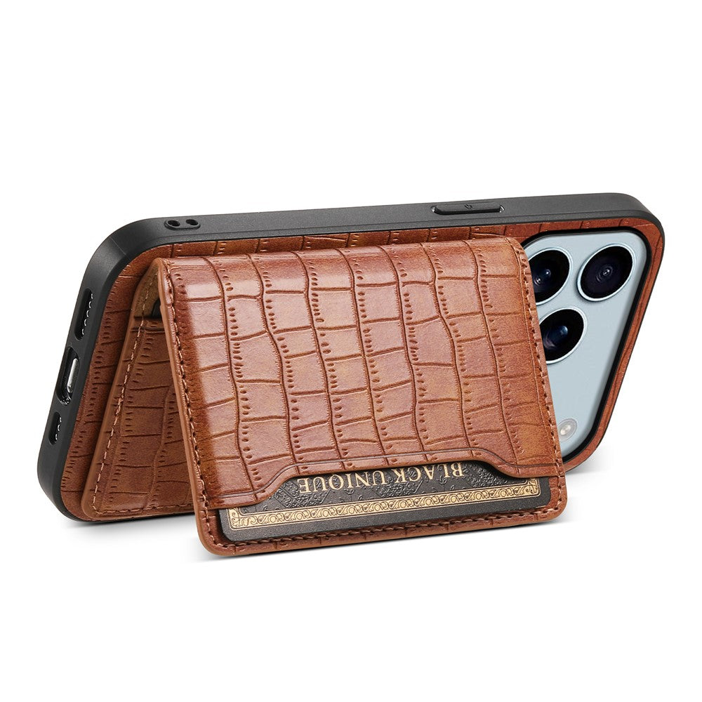 For iPhone 17 Pro Max Case Card Holder Kickstand Crocodile Texture Leather Back Phone Cover - Brown