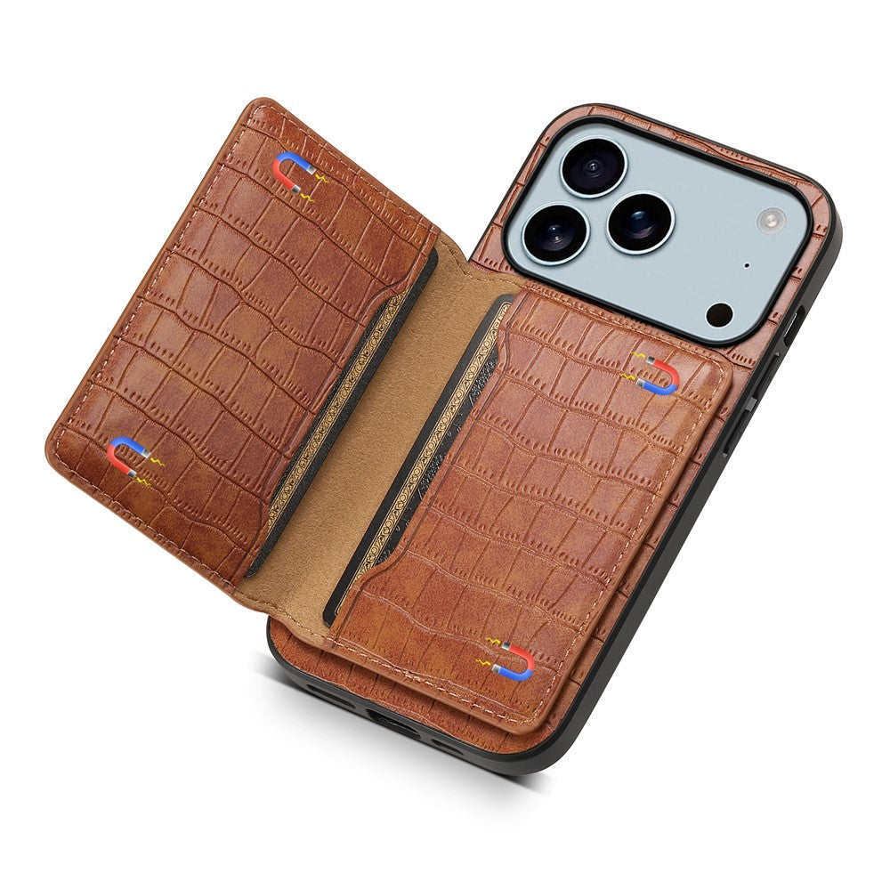 For iPhone 17 Pro Max Case Card Holder Kickstand Crocodile Texture Leather Back Phone Cover - Brown