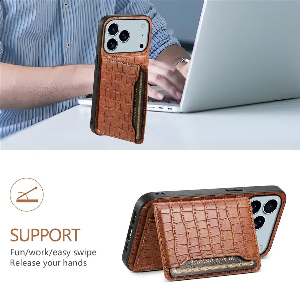 For iPhone 17 Pro Max Case Card Holder Kickstand Crocodile Texture Leather Back Phone Cover - Brown