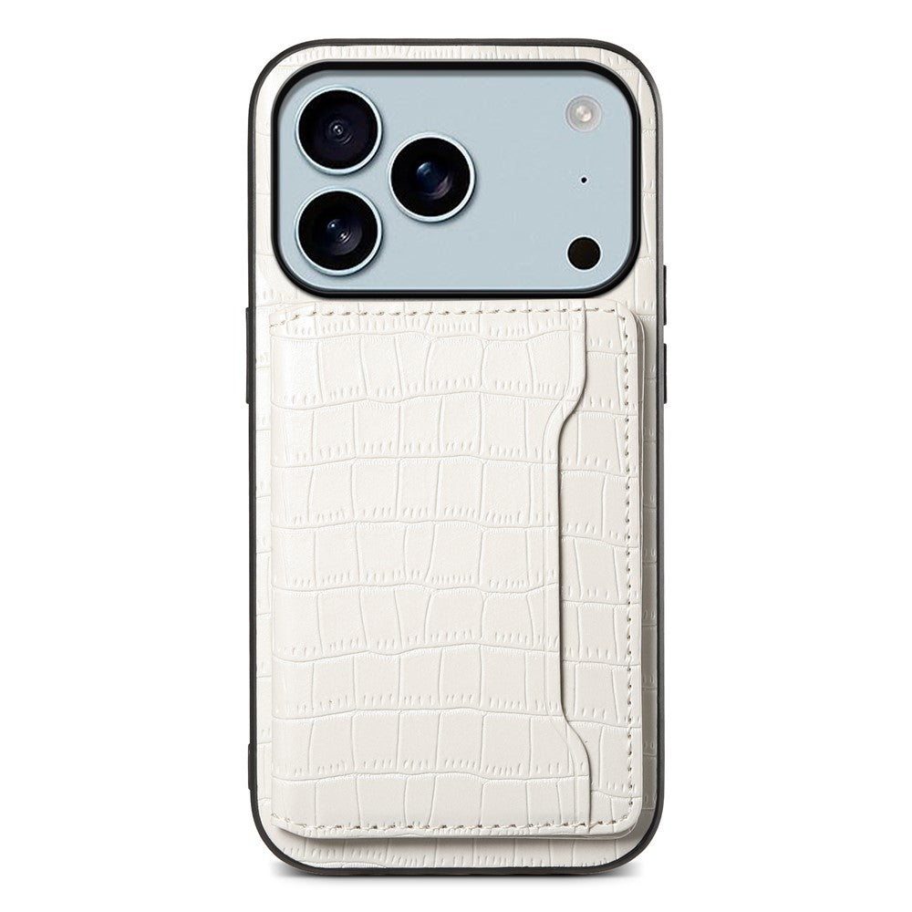 For iPhone 17 Pro Max Case Card Holder Kickstand Crocodile Texture Leather Back Phone Cover - White