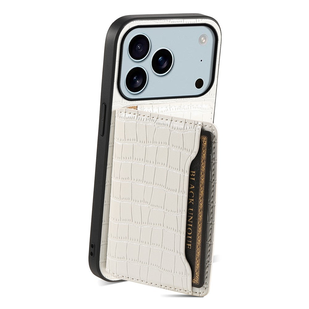 For iPhone 17 Pro Max Case Card Holder Kickstand Crocodile Texture Leather Back Phone Cover - White