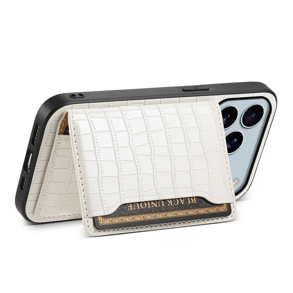 For iPhone 17 Pro Max Case Card Holder Kickstand Crocodile Texture Leather Back Phone Cover - White