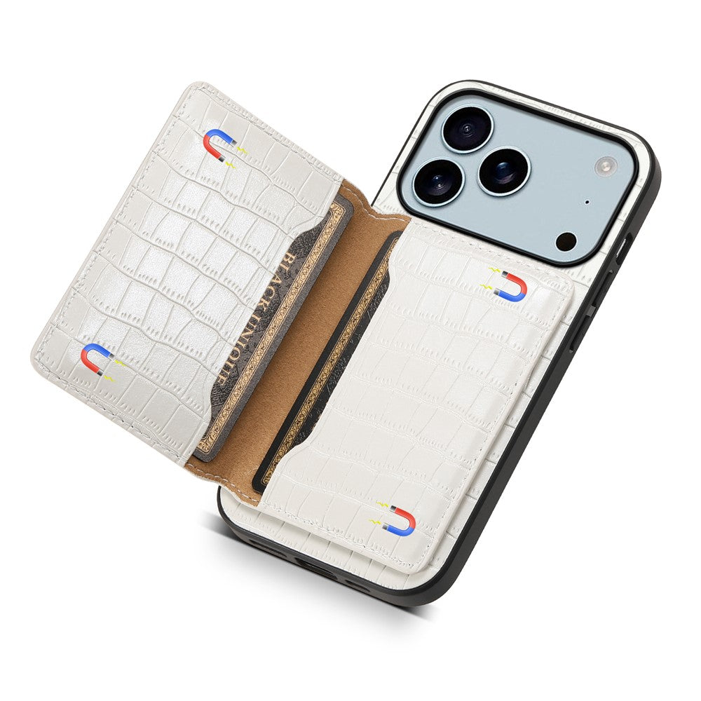 For iPhone 17 Pro Max Case Card Holder Kickstand Crocodile Texture Leather Back Phone Cover - White