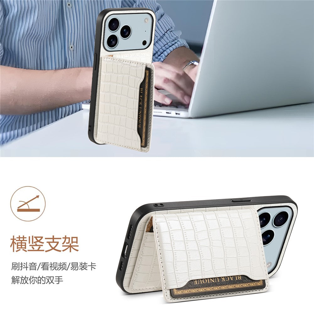 For iPhone 17 Pro Max Case Card Holder Kickstand Crocodile Texture Leather Back Phone Cover - White