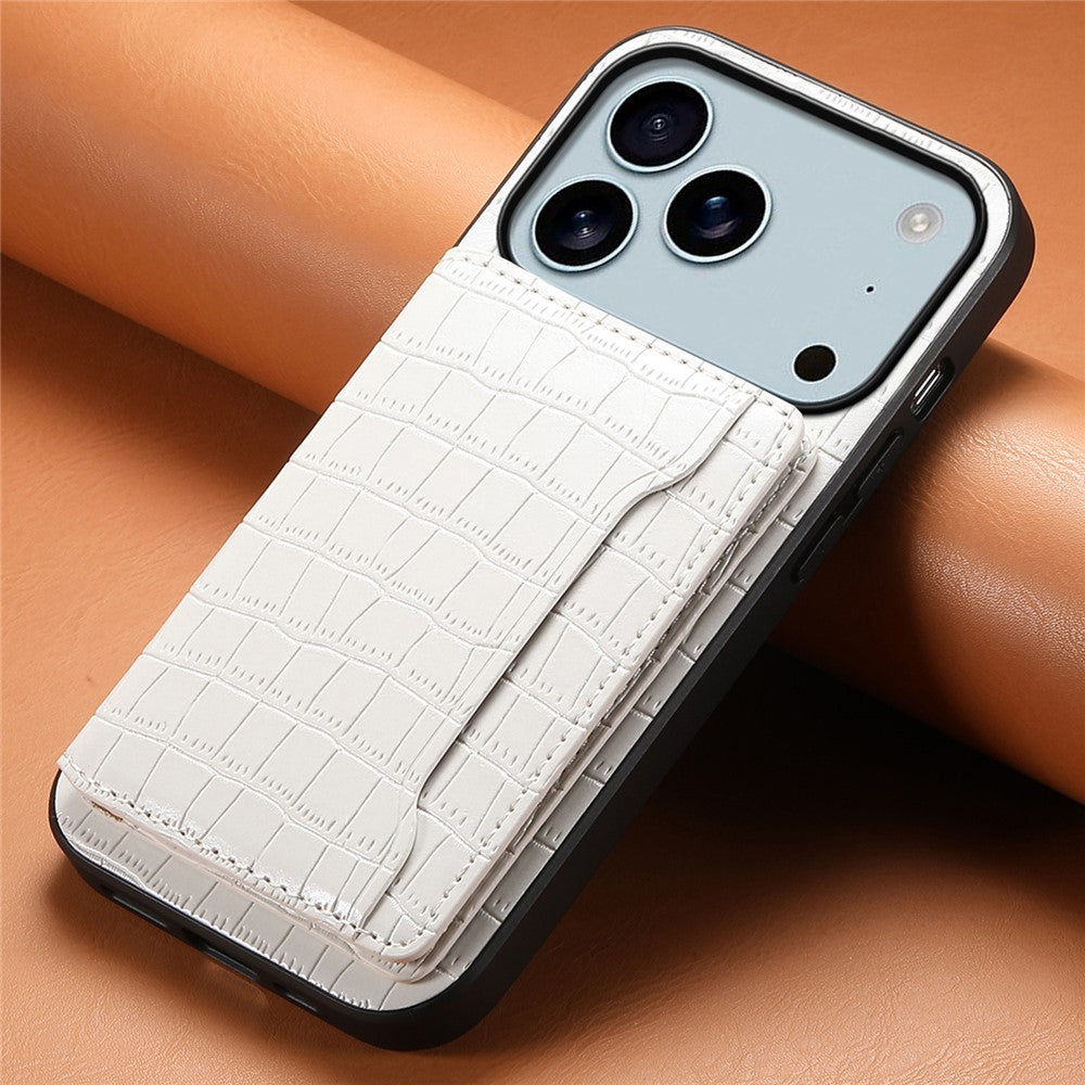 For iPhone 17 Pro Max Case Card Holder Kickstand Crocodile Texture Leather Back Phone Cover - White