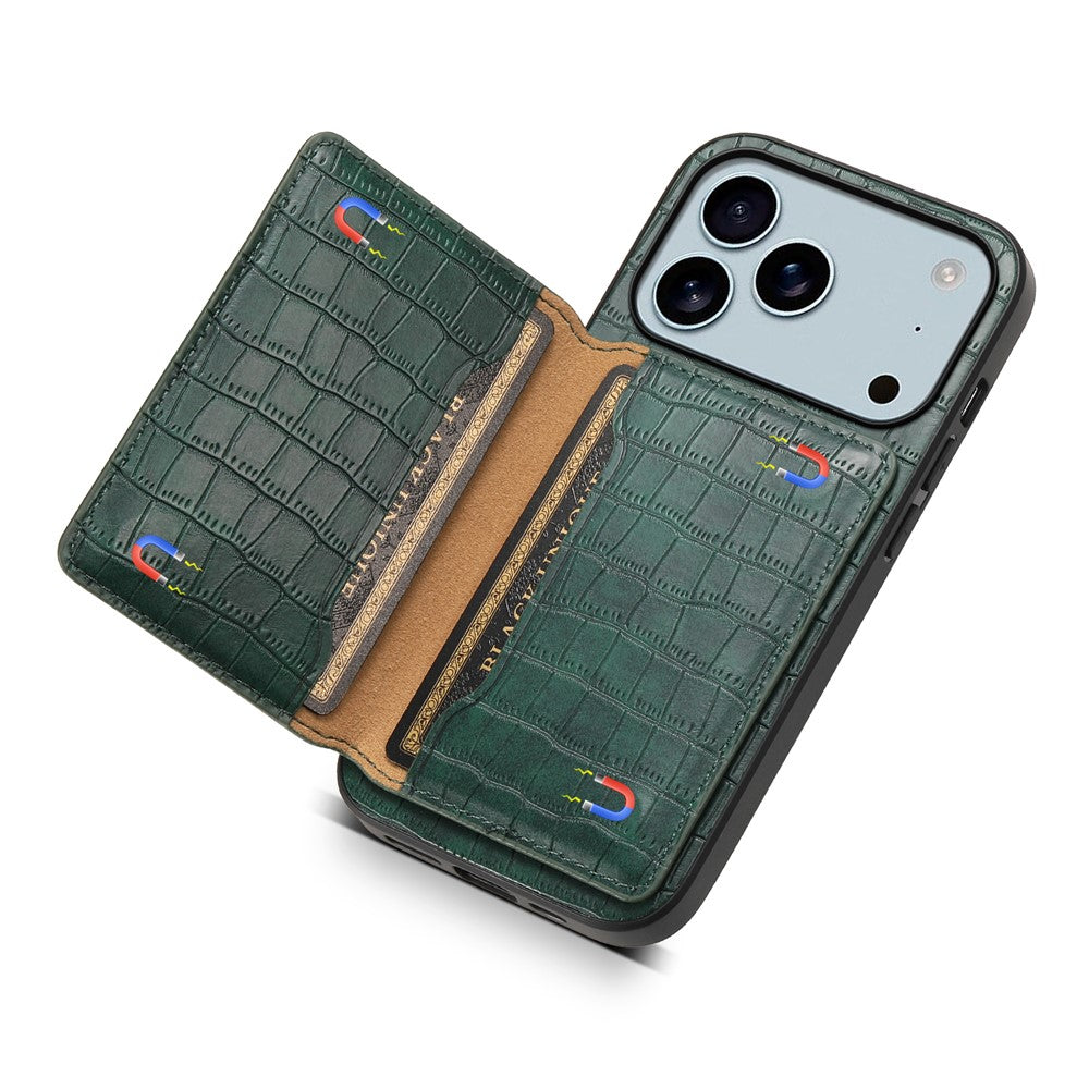 For iPhone 17 Pro Max Case Card Holder Kickstand Crocodile Texture Leather Back Phone Cover - Green