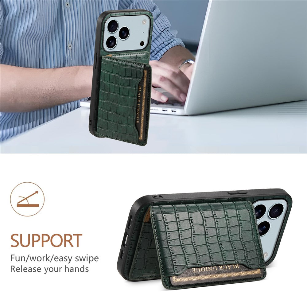 For iPhone 17 Pro Max Case Card Holder Kickstand Crocodile Texture Leather Back Phone Cover - Green