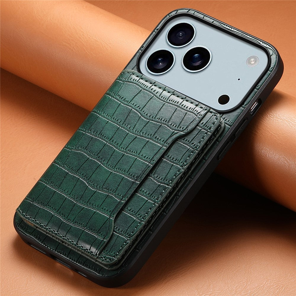 For iPhone 17 Pro Max Case Card Holder Kickstand Crocodile Texture Leather Back Phone Cover - Green