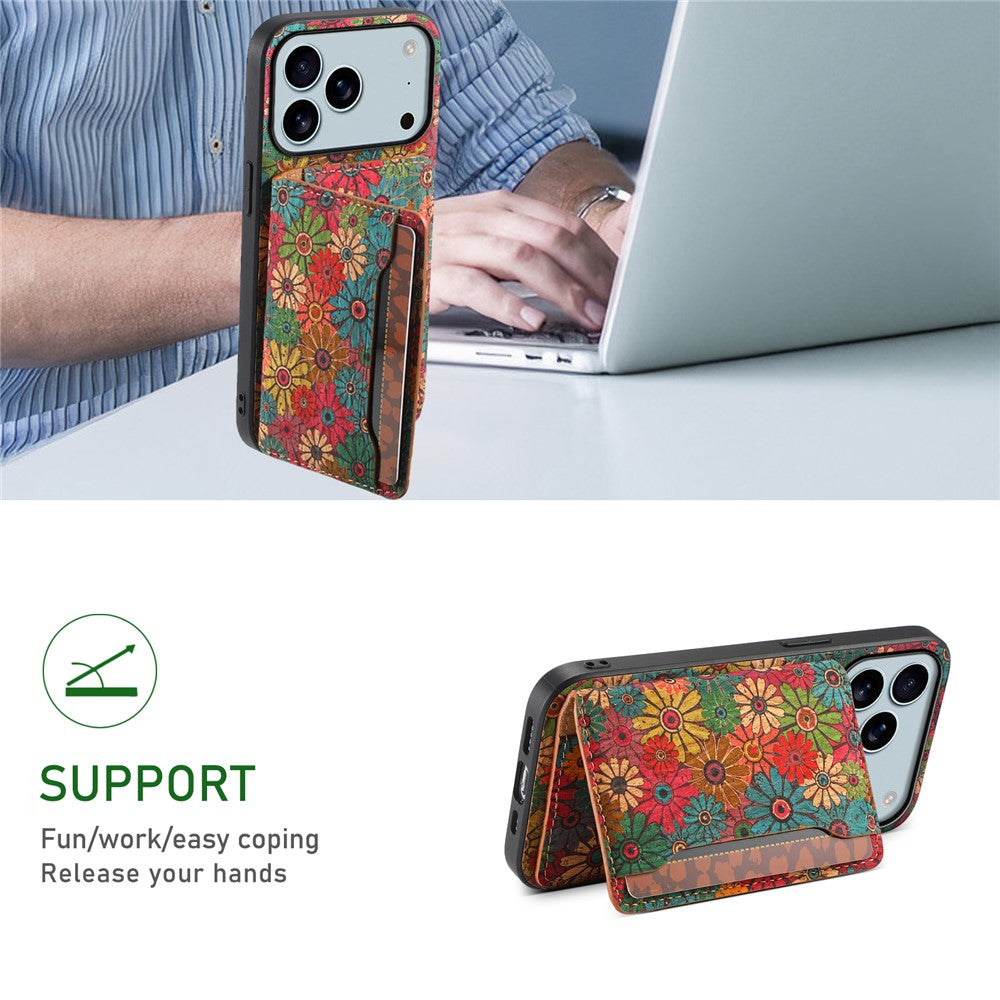 For iPhone 17 Pro Max Case Flower Print Leather + PC + TPU Cover with Card Holder Kickstand - Winter / Blue