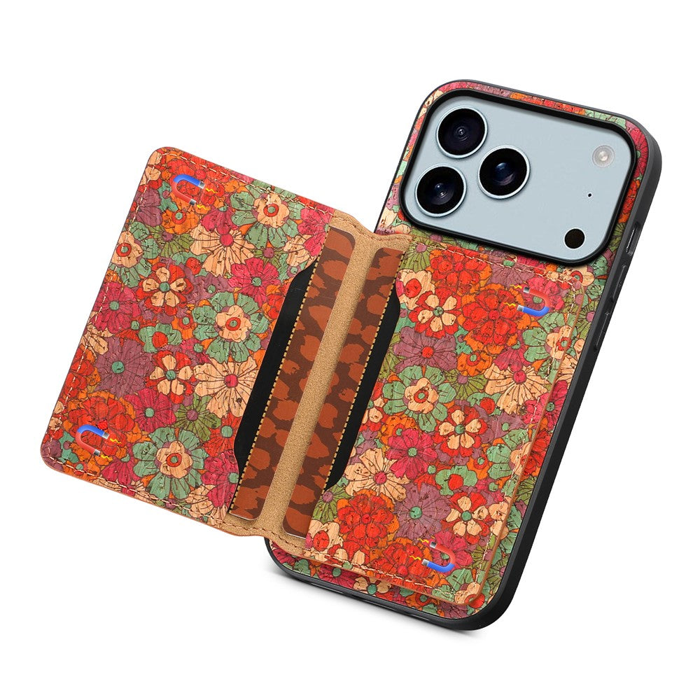 For iPhone 17 Pro Max Case Flower Print Leather + PC + TPU Cover with Card Holder Kickstand - Summer / Red