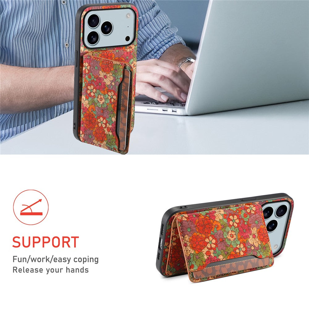 For iPhone 17 Pro Max Case Flower Print Leather + PC + TPU Cover with Card Holder Kickstand - Summer / Red