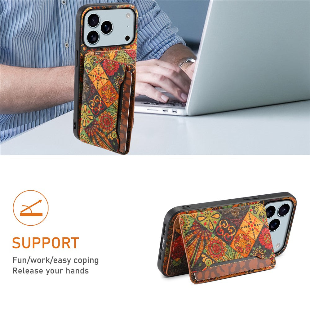 For iPhone 17 Pro Max Case Flower Print Leather + PC + TPU Cover with Card Holder Kickstand - Autumn / Yellow