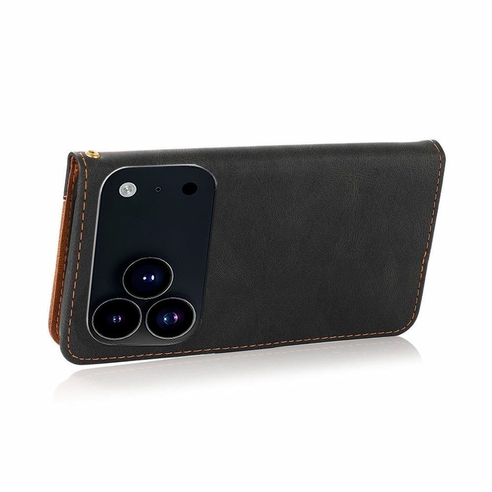 For iPhone 17 Pro Max Case Color Splicing Wallet Stand Leather Phone Cover with Wrist Strap - Black / Brown