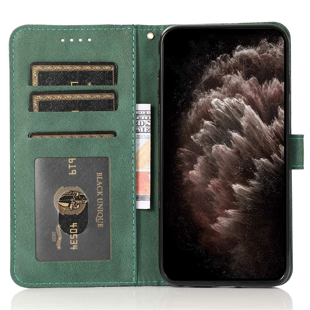 For iPhone 17 Pro Max Case Color Splicing Wallet Stand Leather Phone Cover with Wrist Strap - Blue / Green