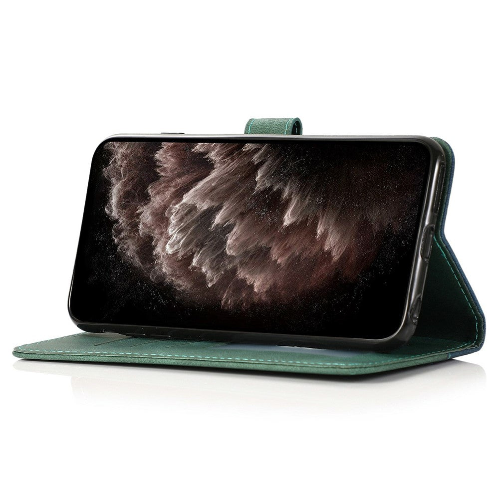 For iPhone 17 Pro Max Case Color Splicing Wallet Stand Leather Phone Cover with Wrist Strap - Blue / Green