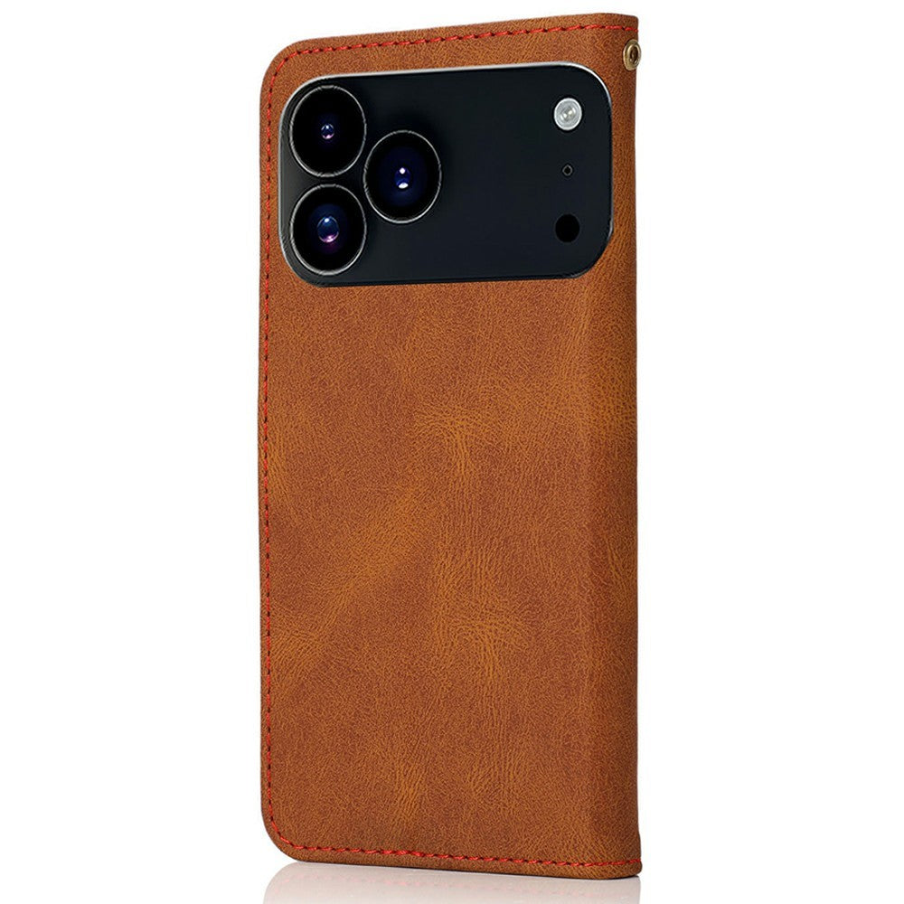 For iPhone 17 Pro Max Case Color Splicing Wallet Stand Leather Phone Cover with Wrist Strap - Brown / Red