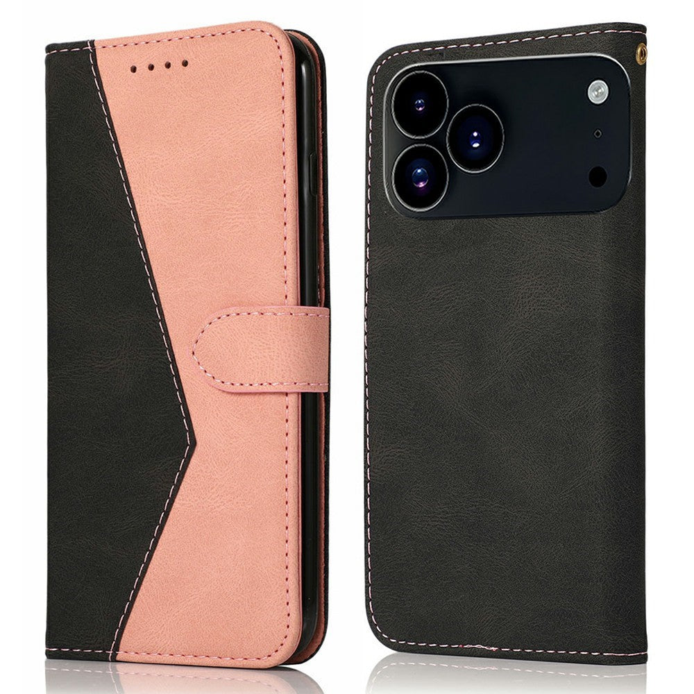 For iPhone 17 Pro Max Case Color Splicing Wallet Stand Leather Phone Cover with Wrist Strap - Black / Rose Gold